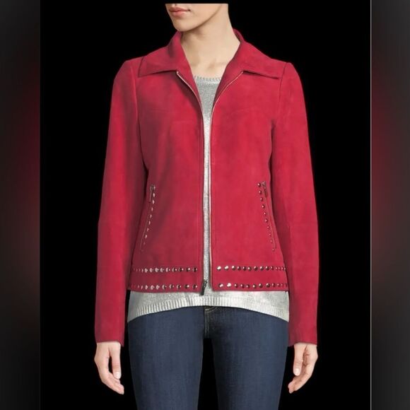 NWT Neiman Marcus Suede Motorcycle Jacket with Metal Embellishments Red XL - Picture 13 of 13